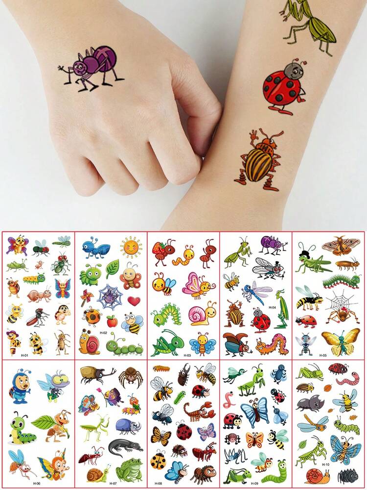 10张卡通昆虫动物临时纹身贴纸，蜜蜂、青蛙、蜻蜓、蜗牛等昆虫图案，防水，持久2-5天，趣味防水纹身贴纸，理想的生日礼物 - 彩色 - 查看 8