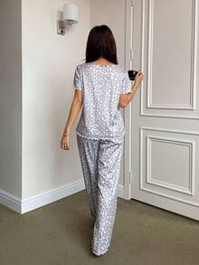 Women's Knitted Jacquard Leopard Print Long Sleeve Pajama Set - Grey - View 6