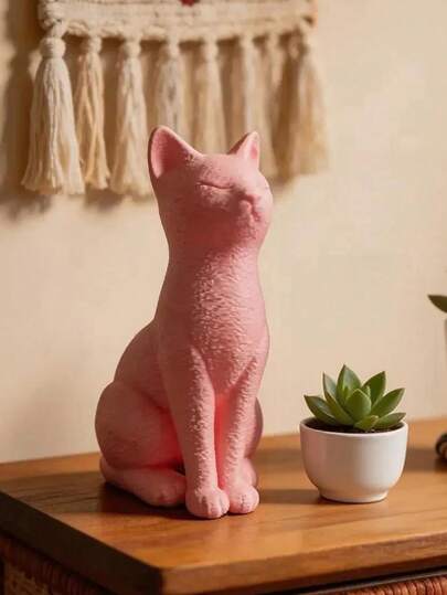 优雅的北欧流线型猫咪摆件，心形耳朵和毛绒质感，站立姿势