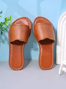 女童白色单带平底凉鞋，简约露趾休闲夏季童鞋 - 棕色 - 查看 3