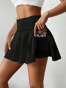 Falda de tenis de cintura alta para mujer con forro de pantalón corto y bolsillos laterales. - Negro - Ver 1