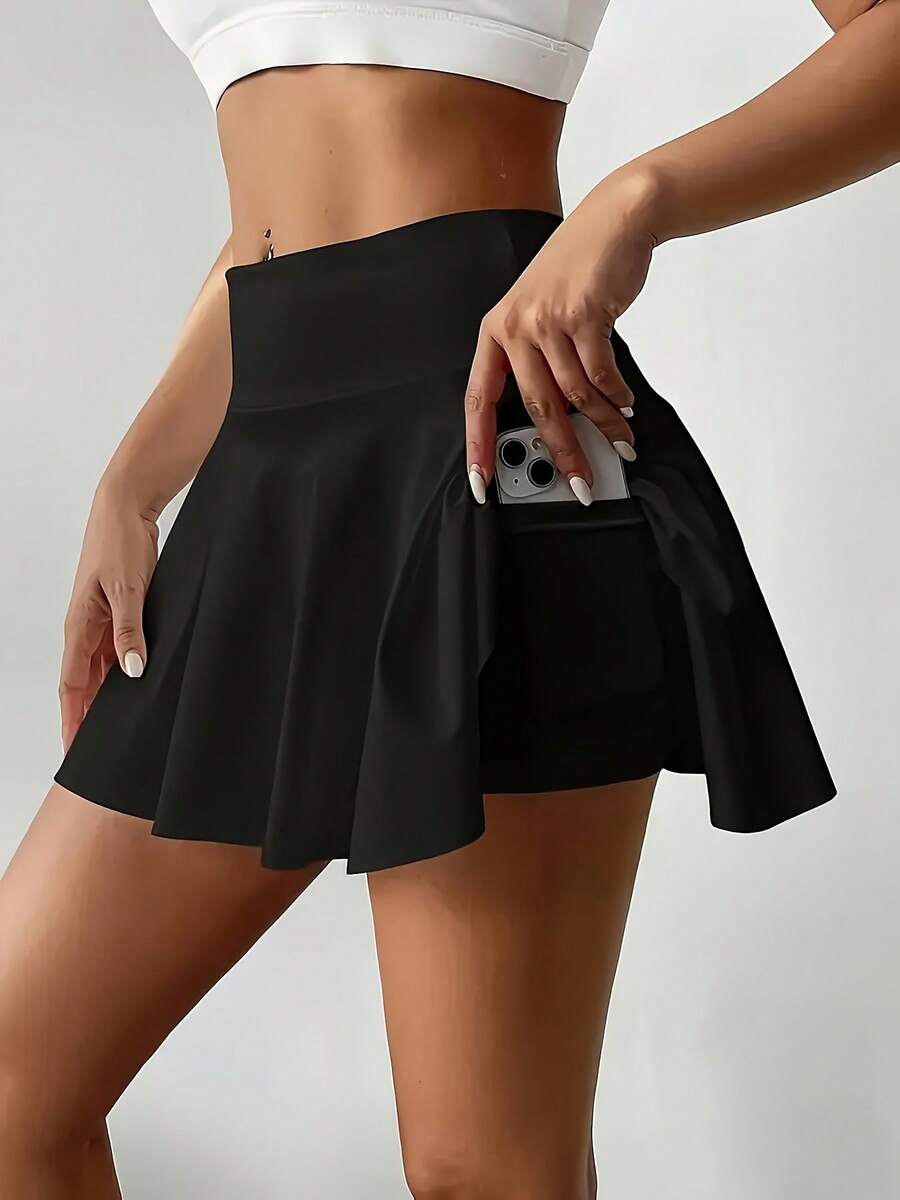 Falda de tenis de cintura alta para mujer con forro de pantalón corto y bolsillos laterales. - Negro - Ver 1