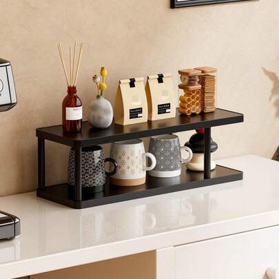 1 kệ để bàn 2 tầng có đế gỗ - Chống trượt, tiết kiệm không gian, phù hợp với không gian nhỏ, đa chức năng dùng để đựng mỹ phẩm, gia vị, chai lọ và giỏ đựng đồ, kệ trang trí trên mặt bàn bếp, hoàn thiện tự nhiên.