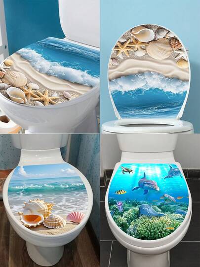 1 pieza Pegatina decorativa de material PVC con un patrón de concha, playa y océano para paredes del hogar y tapas de inodoro del baño, un artículo de decoración del hogar autoadhesivo y romántico adecuado para decoraciones de inodoro en baños comerciales y otros escenarios