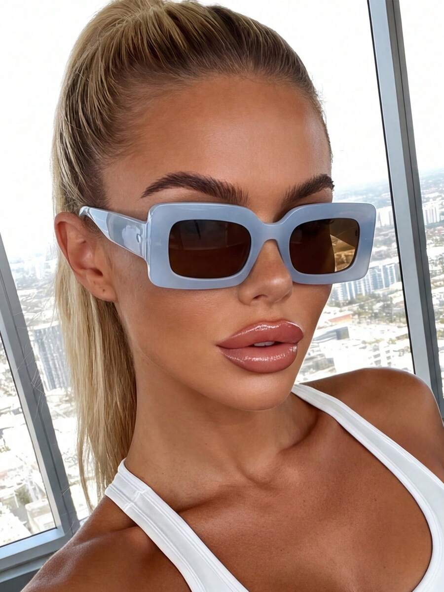 1 Pair Retro Rectangular Fashion Glasses, Suitable For Casual Daily Wear, Summer Beach, Street Style, Vacation, Beach And Travel - Blue - View 1