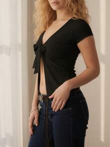 Women's Deep V-Neck Short Sleeve Bow Tie Front Cropped Semi-Sheer Knit Top - Black - View 6