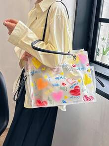 Women's Fashionable Heart-Graffiti Transparent Tote Bag, Large Capacity Shoulder And Handbag - Black - View 6