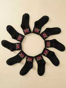 10 đôi tất trẻ em màu trơn, thoải mái, họa tiết hoa, phù hợp cho bé trai sử dụng hàng ngày, tất ngắn dùng được cả bốn mùa. - màu đen - Xem 3