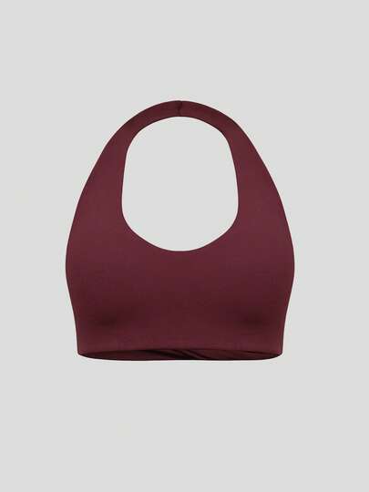 Sodalemon Women Training Gym Solid Color Sport Bra Twist Back Halter Backless Running Yoga Active Wear Elastic Fitness Outdoor Running Sport Bra