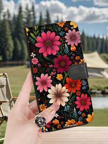 1PC, Premium Durable Flip Wallet Phone Case, Midnight Bloom Hand-Drawn Vintage Print, Magenta-Orange Daisies And Tiny Wildflowers Woven On Ink-Black Base, Green Vines Weaving Through, Rich Color Contrast With Classic Folk Art Vibe, With Foldable Stand And Credit Card Slots, Tailored For Those Who Seek Fashion Perfection. - Black - View 1