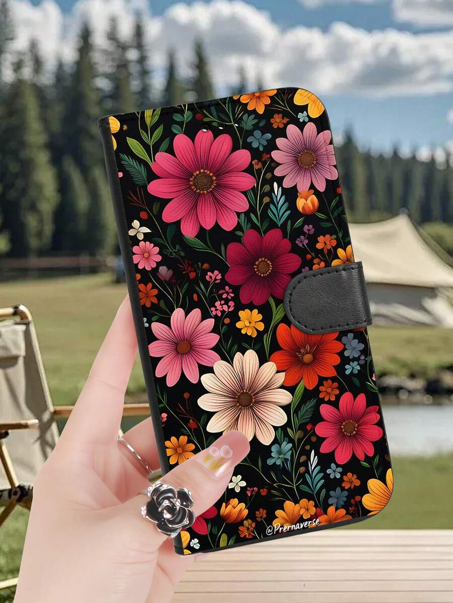 1PC, Premium Durable Flip Wallet Phone Case, Midnight Bloom Hand-Drawn Vintage Print, Magenta-Orange Daisies And Tiny Wildflowers Woven On Ink-Black Base, Green Vines Weaving Through, Rich Color Contrast With Classic Folk Art Vibe, With Foldable Stand And Credit Card Slots, Tailored For Those Who Seek Fashion Perfection. - Black - View 1