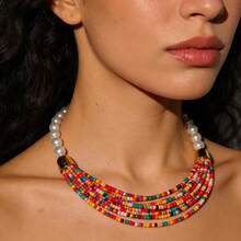 女士波西米亚风多层珍珠项链 - 彩色 - 查看 4