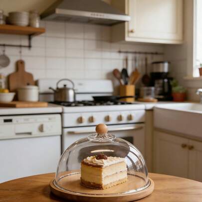 1 unidade de tampa multifuncional em acrílico para bolos com base de bambu, ideal para uso em cozinhas domésticas e cafés. Possui um design simples e rústico, perfeito para exibir sobremesas, doces e salgados.