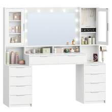 Large Vanity Table (150 Cm), Power Outlet, 11 LED Lights (3 Colors), 10 Drawers, Jewelry Storage, Plenty Of Storage Space, White-Silver - 查看 8