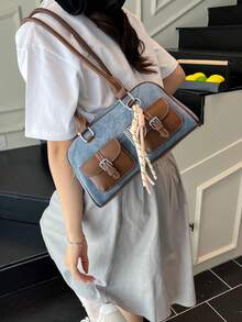 Faux Leather Solid Color Retro Multi-Pocket Large Capacity Women's Shoulder Bag, Comes With Accessory Charm (Accessory Charm May Vary Slightly By Batch) - Blue - View 8