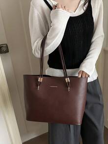 Classic Solid Color Large Tote Bag - Casual Work Shoulder Bag - Coffee Brown - View 3