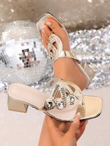 2026 Rhinestone Embellished Chunky Heel Slide Sandals, Elegant For Party, Date And Outdoor Wear - Gold - View 6