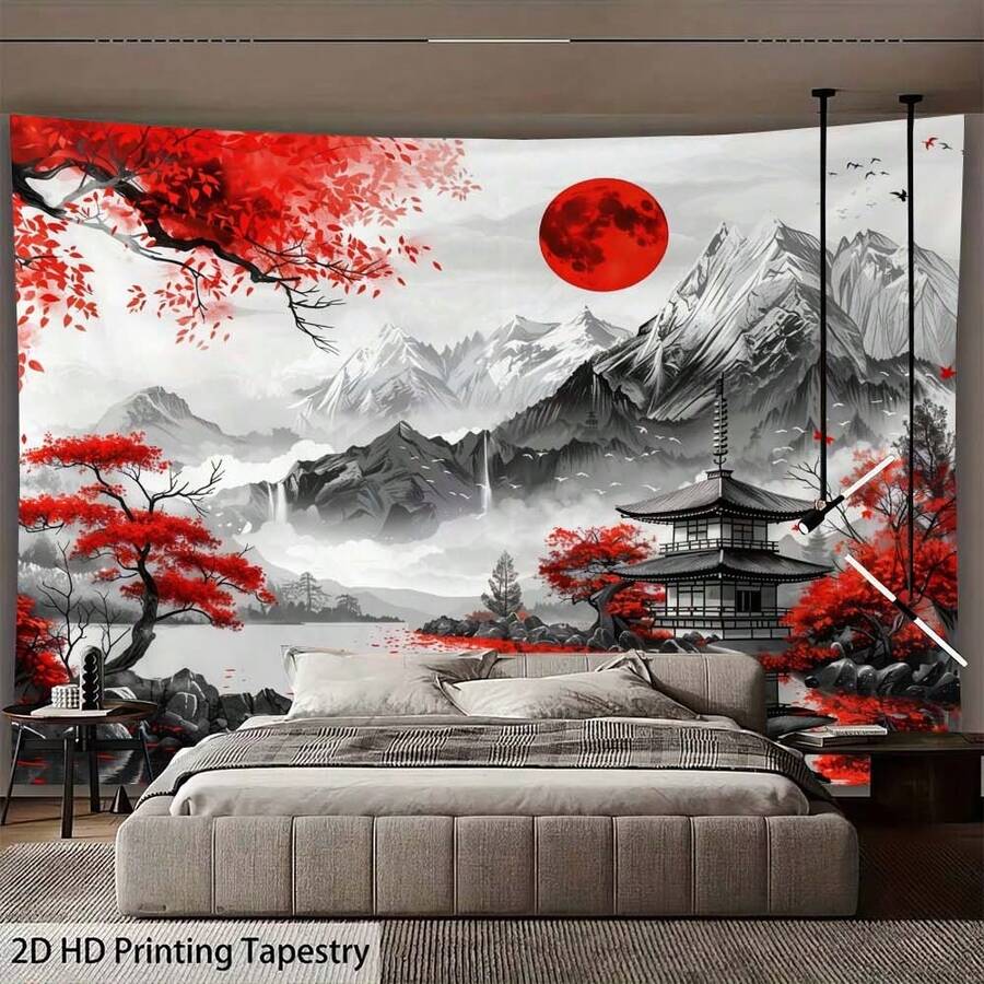 日式红月山水挂毯,涤纶材质,卧室装饰墙画,客厅家居装饰挂毯,亚洲风格房间用品,红枫宝塔山景艺术挂毯,墙面装饰旗,醒目的红黑白卧室挂毯,防水耐磨涤纶海报 - 多色 - 查看 1