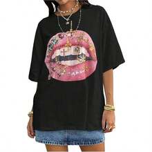 Summer ClothesWomen'S Streetwear Daily Wear Vintage Y2K Hip-Hop Casual,New Years Fit Women,Valentine'S Day, Tops Women,Leisure And Versatile Daily Travel,Oversized Crop Lips Graphic TeeMinimalist Style Sweatshirt,Crop Top,Graphic Tees WomenLoose And Comfortableropa De Verano Mujer - 粉色 - 查看 7