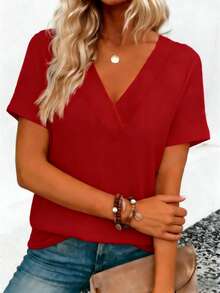 New Elegant Casual Plus Size Women's Solid Color V-Neck Criss-Cross Back Design Loose T-Shirt, Fashionable For Daily Wear, Spring/Summer Red - Red - View 2