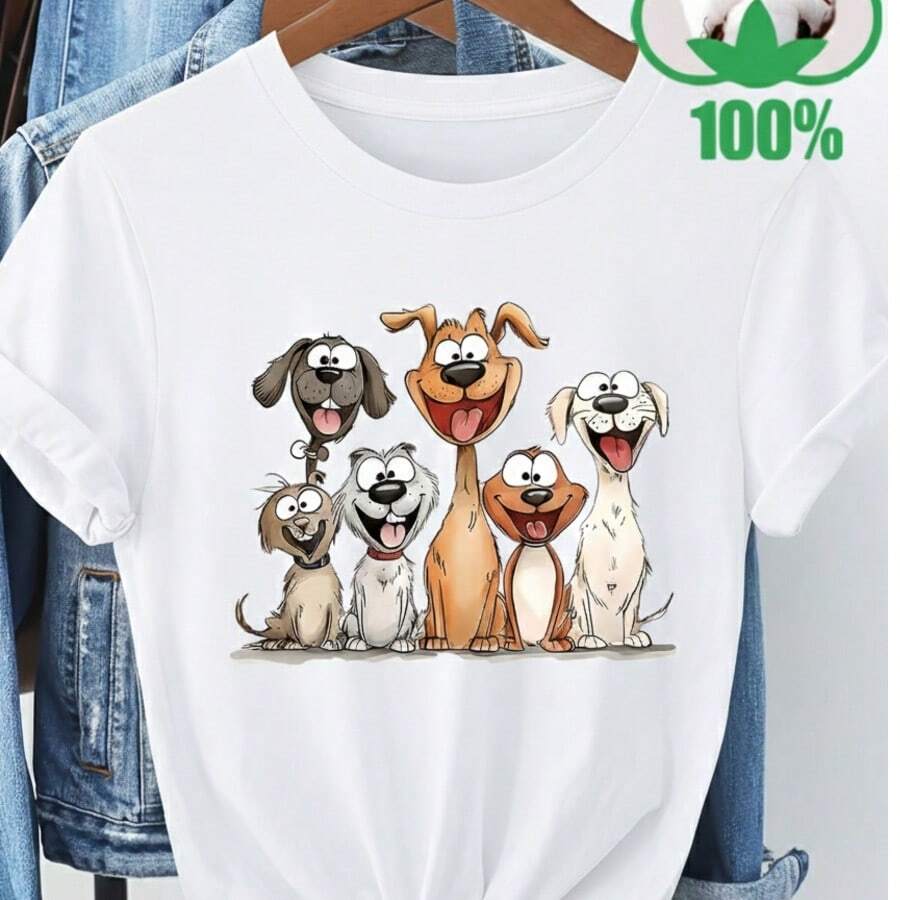 Women's Adult Cotton T-Shirt, Cute Dog, Family, Cartoon Artwork, Children's Streetwear, Plus Size (Up To 5XL, Size 16) - trắng - Xem 1