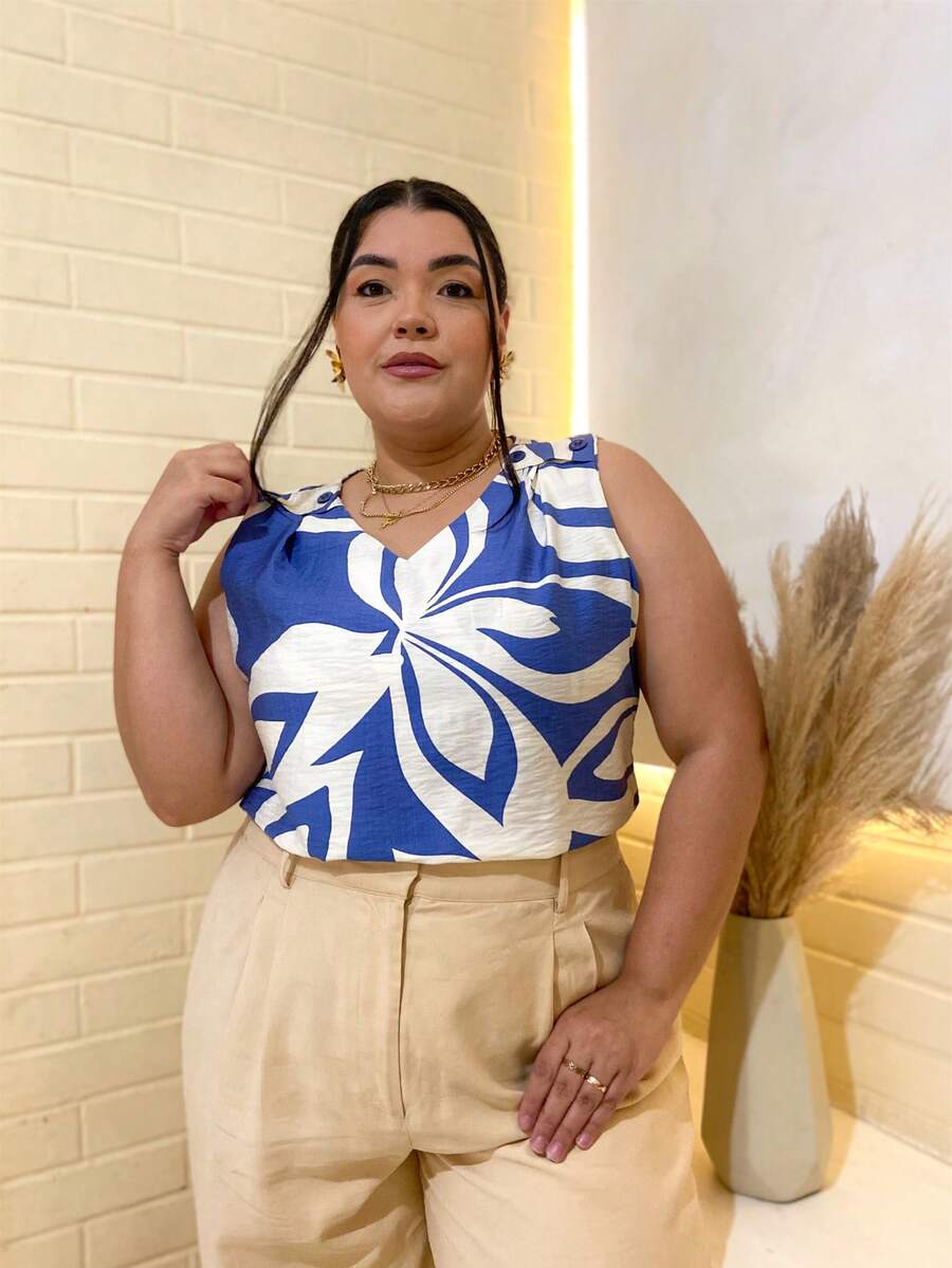 Plain Tank Top, Sleeveless Blouse, Plain Crepe Fabric, With 4 Buttons, Plus Size G1G2G3 46-52, Casual Women's - 67-藍色 - 查看 1