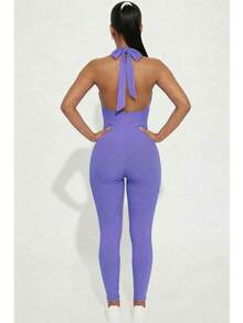 Women's Rib Knit Halter V-Neck Bodycon Jumpsuit - Casual Solid Color, Slim Fit Summer Jumpsuit, Polyester, Machine Washable - Chive Blossom - View 3