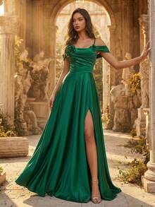 女士优雅祖母绿3D立体花卉露肩缎面开衩晚礼服，时尚优雅正式派对婚纱 - 綠色 - 查看 6