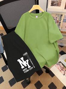 2pcs/Set Casual Outfit For Teenage Boys, City Graphic T-Shirt And Shorts, Suitable For Sports/Summer - Green - View 2