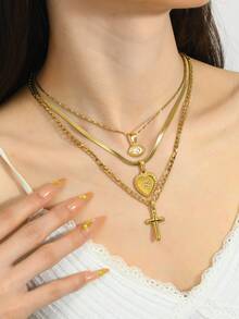 Bộ 3 dây chuyền vàng không gỉ dành cho nữ, gồm mặt dây chuyền hình trái tim và thánh giá đính đá, trang sức thanh lịch thích hợp đeo hàng ngày, dự lễ hội và hẹn hò. - Vàng - Xem 5