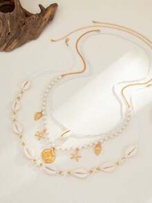 3pcs Multilayer Bohemian Beach Style Pearl Starfish Beaded Waist Chain, Beach Body Jewelry Chain For Women - Multicolor - View 5