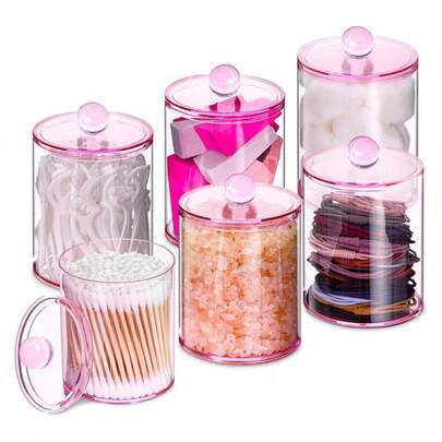 Set de 6 piezas/3 piezas de frascos de almacenamiento de hisopos de algodón, juego de frascos de medicina con tapas, recipientes de almacenamiento para el baño para hisopos de algodón, almohadillas, hilo dental, adecuado para el baño, dormitorio, tocador (rosa)