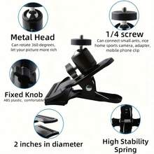 1个强力夹子，可360度旋转，兼容辅助照明和相机，可调节相机安装夹 | 360°旋转球头，弹簧夹三脚架夹，长度11厘米/4.33英寸，铁质材料，用途广泛且安全，适用于运动相机，360度旋转吉他手机支架教学视频 - 查看 6