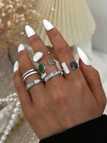 20/13/6件套复古优雅波西米亚风女士不规则褶皱彩色宝石、猫眼石、向日葵、心形组合金属戒指套装，适合日常、派对、婚礼、节日、情人节、约会佩戴（随机发货） - 銀色 - 查看 8