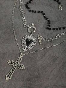 3pcs Vintage Gothic Style Beaded Black Heart OT Chain, Punk Rock Retro Sweet Goth Cross Necklace, Dark Gothic European & American Y2K Choker Necklace Design   European American Style Stackable Clavicle Chain Jewelry Suitable For Daily Wear Streetwear Party Date Night Vacation Casual Outfit Ideal Gift For Girlfriend Sister Friend Holiday Present - 銀色 - 查看 5
