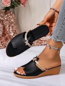New Summer Fashion Versatile Women's Wedge Heel Sandals, Suitable For Home And Outdoor Wear, Anti-Slip Cowhide Sole, Thick-Soled Fashion Slippers,Mothers Day,Shoes. - Black - View 2