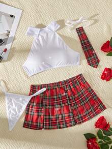 4pcs/Set Valentine's Day Gift Sexy Lingerie Set For Women, Including Halter Neck Sleeveless Top, Slit Plaid Mini Skirt, Solid Color Thong, Comfortable Sleepwear, Seductive Intimate Set, Party Outfit - Red - View 8