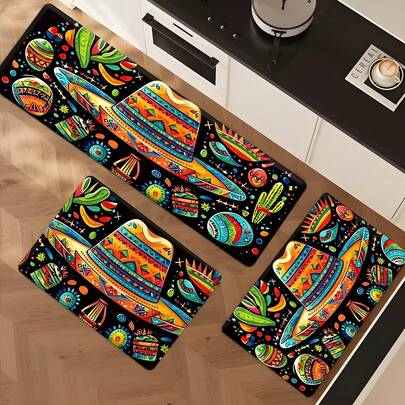 1pc Mexican Sombrero Cactus Flannel Kitchen Mat, Fiesta Theme, Soft Flannel, Machine Washable, Suitable For Entryway, Balcony, Garden, Bedroom, Living Room, Bathroom, Study - Indoor & Outdoor Use | Durable Doormat, Outdoor Mat, Home Decor Mat