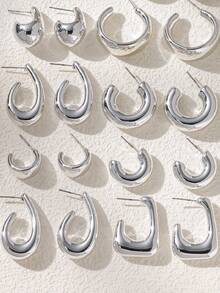 6-18件时尚简约心形、水滴形、贝壳形、海螺形、C形、几何造型耳钉，适合夏季旅行和日常度假佩戴 - 銀色 - 查看 5