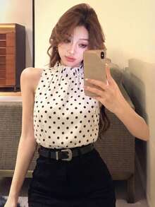 Women's French Style Black Polka Dot Satin Drawstring Loose Fit Camisole Top - White - View 1