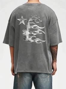 Men's Printed Pattern Washed T-Shirt - Casual Loose Summer T-Shirt With Star And Flame Design, Adult Brown 100% Pure Cotton Round Neck Shirt, Breathable T-Shirt |   Avant-Garde Casual Wear |   100% Pure Cotton Printed T-Shirt - 灰色 - 查看 3