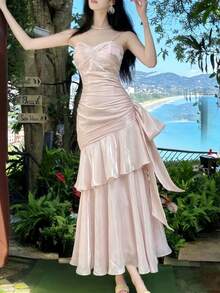 闪亮荷叶边下摆派对礼服，优雅炫彩吊带演唱会礼服，时尚伴娘正式生日返校礼服，春夏服装 - 淺粉色 - 查看 3
