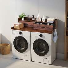 Washer Dryer Countertop With Shelf, 54 X 27.5 In Wooden Washer And Dryer Topper With 2 Drawers & 2 Hooks, Laundry Machine Topper For Laundry Closet Pantry Counter Organization And Storage, Brown - Nâu (Có kệ) - Xem 1