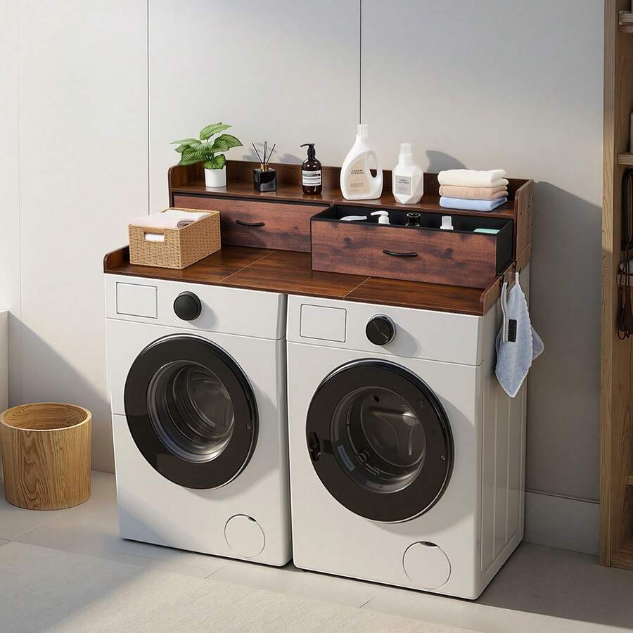 Washer Dryer Countertop With Shelf, 54 X 27.5 In Wooden Washer And Dryer Topper With 2 Drawers & 2 Hooks, Laundry Machine Topper For Laundry Closet Pantry Counter Organization And Storage, Brown - Nâu (Có kệ) - Xem 1