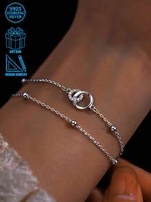 S925 Silver Mobius Loop Interlocked Double Layer Design Rhinestone Bracelet For Women - Silver - View 3