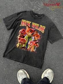 Disney Vintage Washed 230g Casual T-Shirt |  Nick Wilde Multiplication Fun Print Short Sleeve - 黑色 - 查看 2