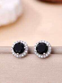 1 Pair Fashionable Minimalist Cubic Zirconia Earrings For Women, Gold/Silver Plated, Music Festival Gift, Women's Jewelry. Ramadan Distribution, Ramadan Dishes, Eid Al-Fitr Gift, Eid Al-Fitr Giveaway - LL Round Stud Earrings - View 3