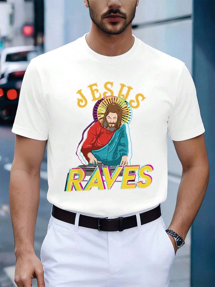 Jesus Raves DJ Graphic Print TShirt Street Hip-Hop, Traspirante, Stampa Grafica Unica, Nuova Uscita - 白色 - 查看 1