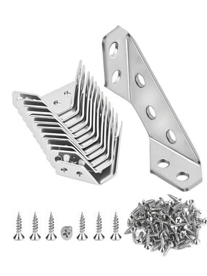 12 Stück Edelstahl Eckwinkel, geeignet für Holzrahmen, universelle Metallbeschlag Eckwinkel mit Schrauben, Holzmöbel Eckverbinder für Schubladen, Schränke, Tische und Stühle