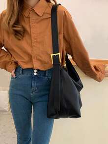 Lightweight,Business Casual Buckle Decor Hobo Bag For Teen Girls Women College Students,Rookies & White-Collar Workers Perfect For Office,Work ,Business,Commute Best Work Bag For Women For Teen Girls Women College Students,Rookies & White-Collar Workers Perfect For Office,College,Work ,Business,Commute,Outdoors, Travel, OutingsMother's Day Gifts, Holiday Gifts, Easter Gifts - 黑色 - 查看 3